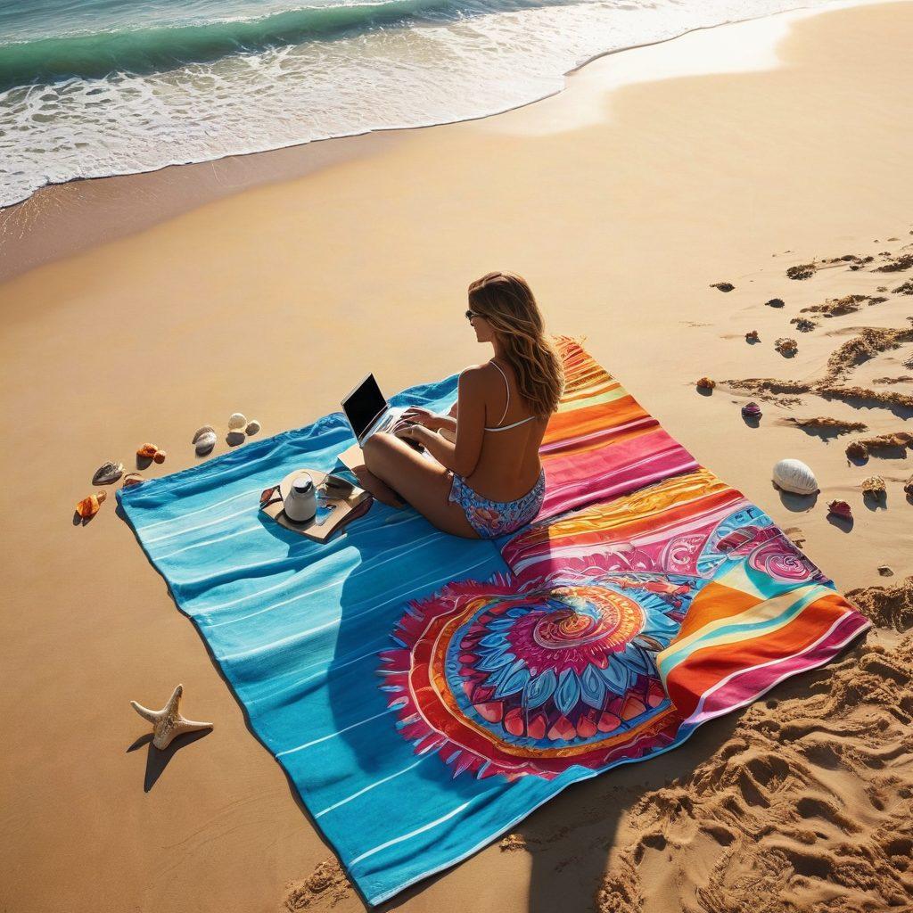 A serene beach scene featuring a person enjoying the waves while working on a laptop, dressed in trendy beachwear. The backdrop includes gentle ocean waves and a bright sun, symbolizing balance between work and leisure. Incorporate vibrant colors to highlight the beach atmosphere and add visual interest with sea shells and beach towels. beach life. super-realistic. vibrant colors.