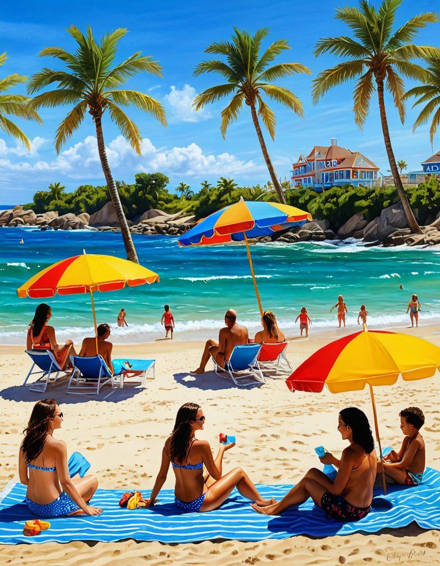 A sunny beach scene featuring a diverse group of families enjoying summer, showcasing various colorful bikini styles. Include relaxing beach accessories like umbrellas and towels, while children play in the sand. The background should depict clear blue skies, gentle waves, and palm trees swaying in the breeze. Capture the essence of joy and relaxation in a vibrant, cheerful atmosphere. super-realistic. vibrant colors.
